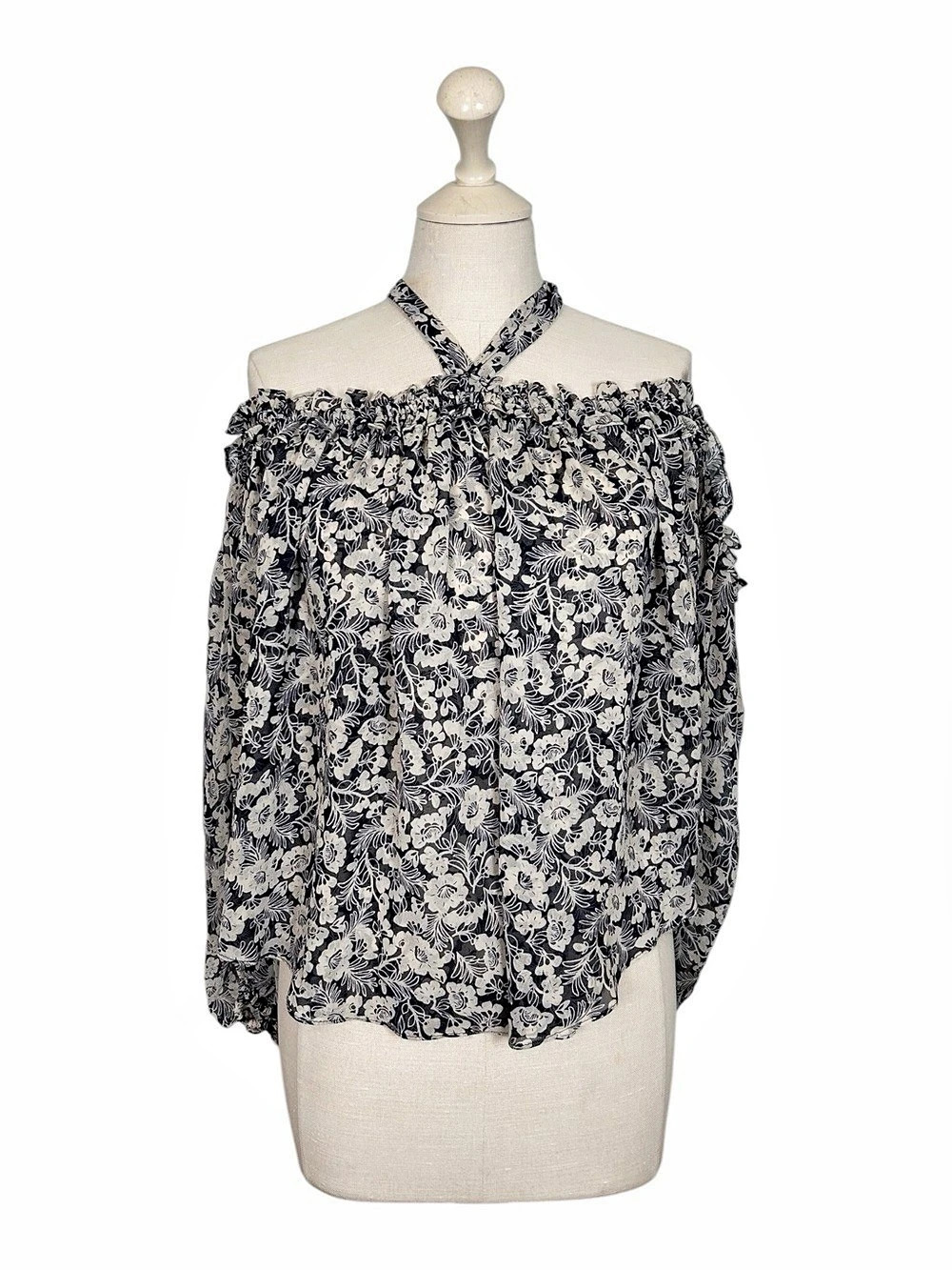 MISA Floral Lively Off-Shoulder Blouse in Blue & White NWT